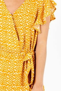 Bella Ella Boutique Bold Type Patterned Mini Dress -bella ella boutique shop Bold Type Yellow Dress Detail 5000x