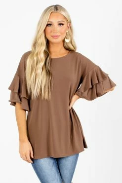 Zenana Build Your Dream Ruffle Top 30 Zenana Build Your Dream Ruffle Top -bella ella boutique shop Build Your Dream Brown Top Front 5000x