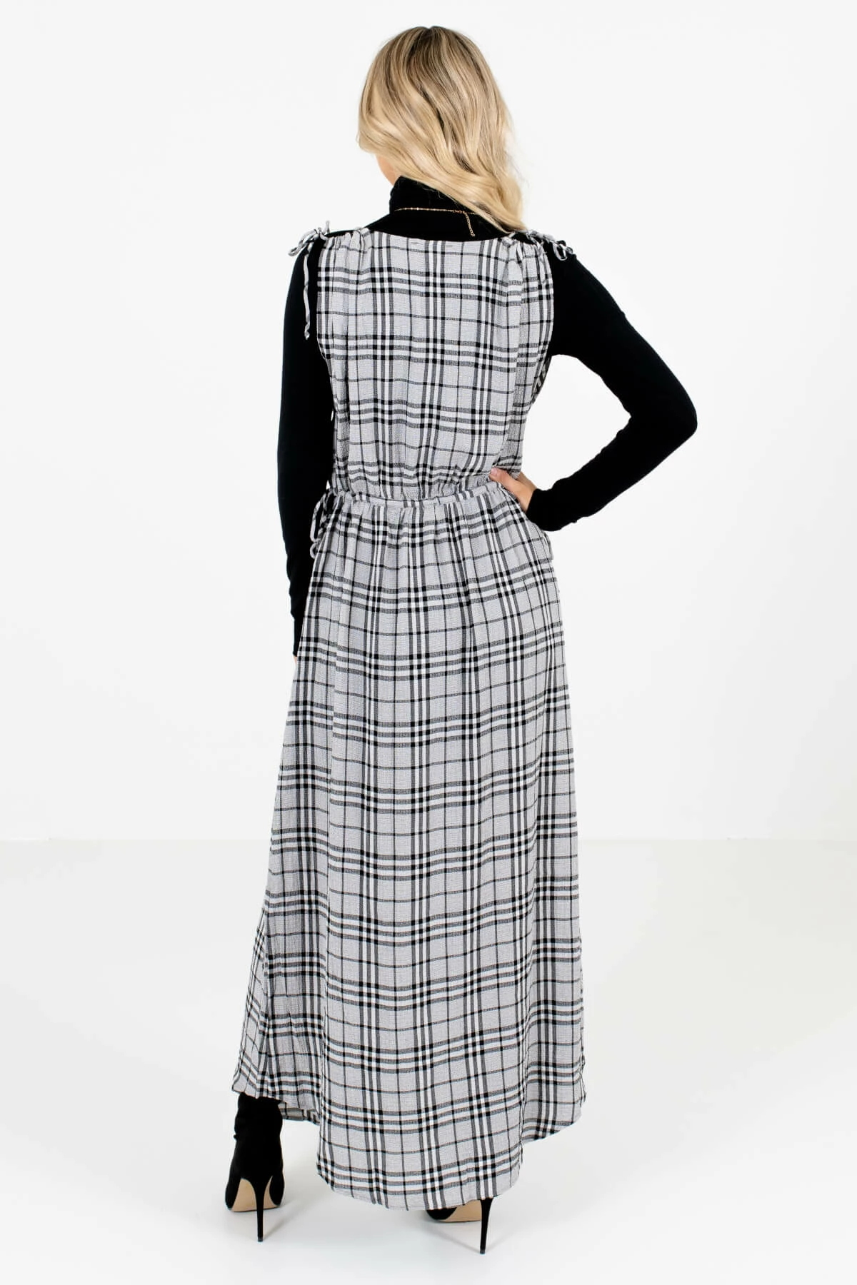 Bella Ella Boutique Fifth Avenue Gray Plaid Maxi Dress 4 Bella Ella Boutique Fifth Avenue Gray Plaid Maxi Dress - Image 2