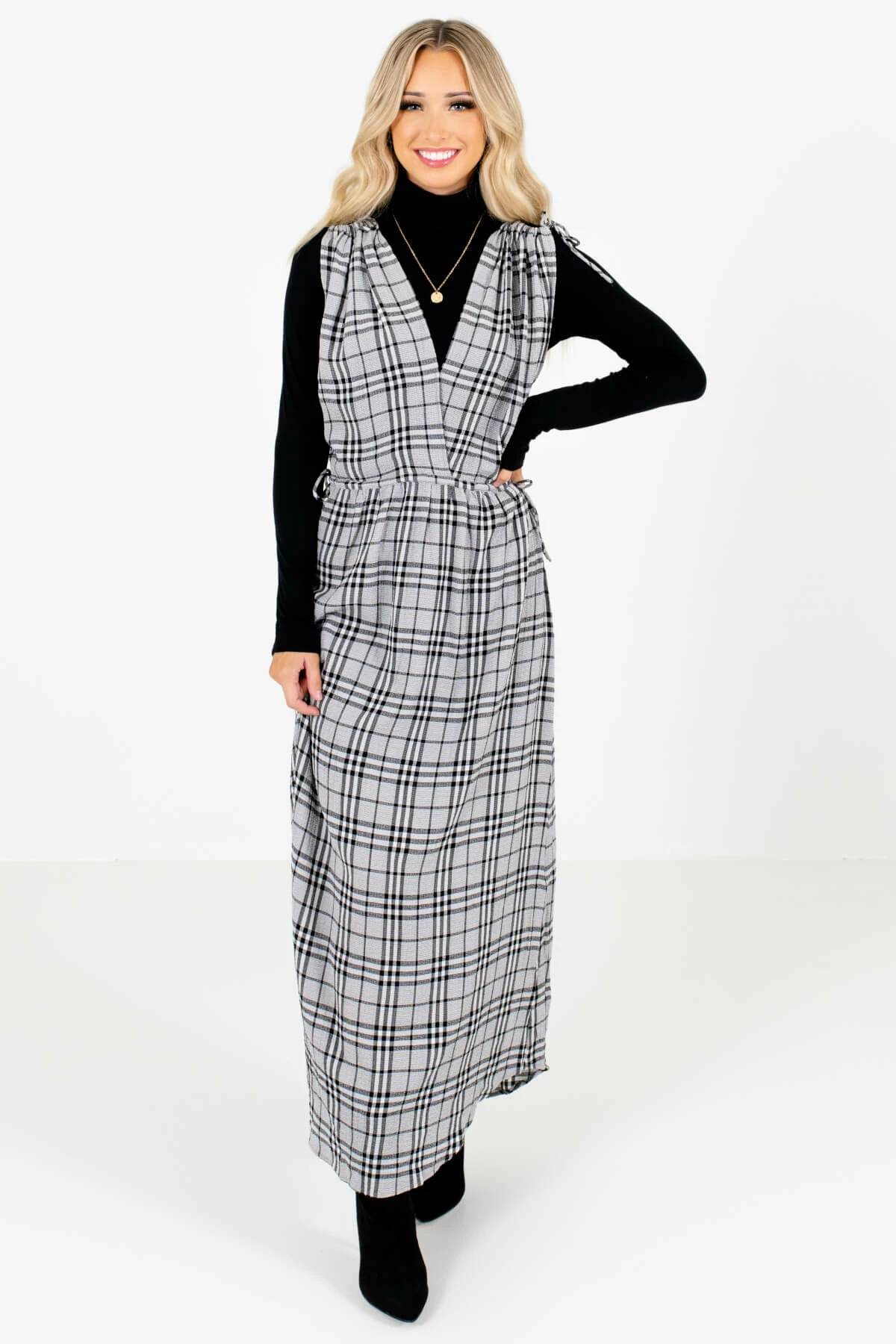 Bella Ella Boutique Fifth Avenue Gray Plaid Maxi Dress 3 Bella Ella Boutique Fifth Avenue Gray Plaid Maxi Dress