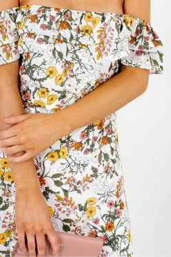 Bella Ella Boutique Honeysuckle White Floral Off-Shoulder Mini Dress -bella ella boutique shop Honeysuckle White Floral Off Shoulder Mini Dress Detail 5000x