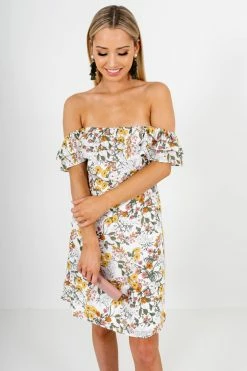 Bella Ella Boutique Honeysuckle White Floral Off-Shoulder Mini Dress -bella ella boutique shop Honeysuckle White Floral Off Shoulder Mini Dress Front 5000x