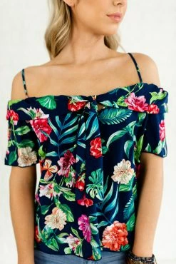 Bella Ella Boutique Island Dreaming Navy Cold Shoulder Top -bella ella boutique shop Island Dreaming Navy Off The Shoulder Top closeup2 5000x
