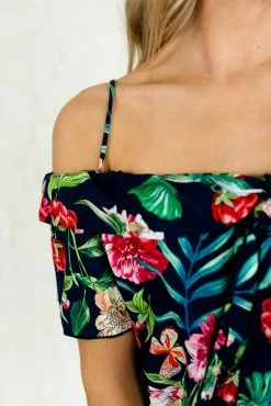 Bella Ella Boutique Island Dreaming Navy Cold Shoulder Top -bella ella boutique shop Island Dreaming Navy Off The Shoulder Top closeup 5000x