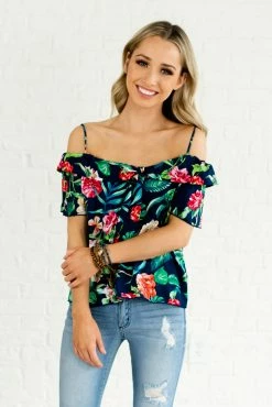 Bella Ella Boutique Island Dreaming Navy Cold Shoulder Top