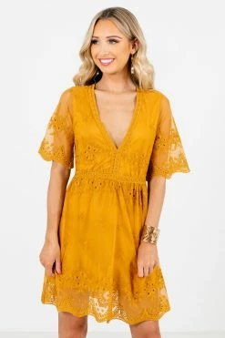 Bella Ella Boutique Light My Fire Mustard Lace Mini Dress