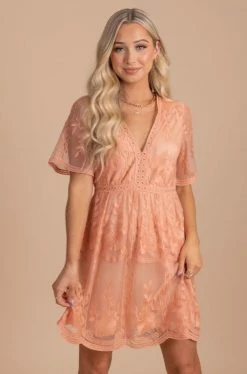 IRIS Light My Fire Peach Lace Mini Dress