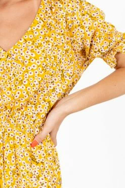 All In Favor Sunshine Goddess Yellow Floral Midi Dress -bella ella boutique shop Sunshine Goddess Yellow Dress Detail 5000x