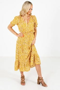 All In Favor Sunshine Goddess Yellow Floral Midi Dress -bella ella boutique shop Sunshine Goddess Yellow Dress Full Front 5000x