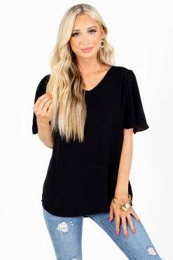 Zenana Taking Chances Flutter Sleeve Blouse -bella ella boutique shop Taking Chances Black Blouse Front 5000x
