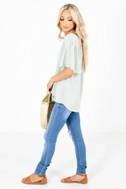 Zenana Taking Chances Flutter Sleeve Blouse -bella ella boutique shop Taking Chances Sage Blouse Side 5000x
