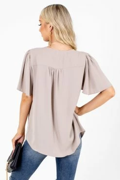 Zenana Taking Chances Flutter Sleeve Blouse -bella ella boutique shop Taking Chances Taupe Blouse Back 5000x