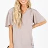 Zenana Taking Chances Flutter Sleeve Blouse -bella ella boutique shop Taking Chances Taupe Blouse Front 5000x