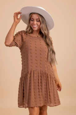 Listicle Whatever Happens Swiss Dot Mini Dress -bella ella boutique shop WhateverHappensSwissDotMiniDress FrontBrown 5000x