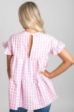 2 Hearts Be Unforgettable Gingham Peplum Top 25 2 Hearts Be Unforgettable Gingham Peplum Top -bella ella boutique shop be unforgettable pink back 5000x