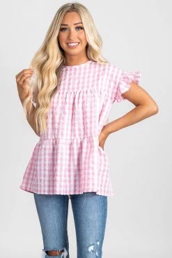 2 Hearts Be Unforgettable Gingham Peplum Top 24 2 Hearts Be Unforgettable Gingham Peplum Top -bella ella boutique shop be unforgettable pink front 5000x
