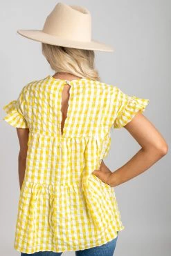 2 Hearts Be Unforgettable Gingham Peplum Top 28 2 Hearts Be Unforgettable Gingham Peplum Top -bella ella boutique shop be unforgettable yellow back 5000x