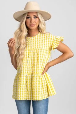 2 Hearts Be Unforgettable Gingham Peplum Top 27 2 Hearts Be Unforgettable Gingham Peplum Top -bella ella boutique shop be unforgettable yellow front 5000x