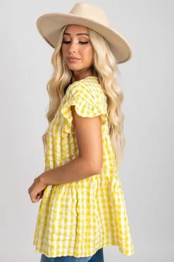 2 Hearts Be Unforgettable Gingham Peplum Top 29 2 Hearts Be Unforgettable Gingham Peplum Top -bella ella boutique shop be unforgettable yellow side 5000x