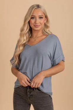 Zenana Wait For You V-Neck Top 57 Zenana Wait For You V-Neck Top -bella ella boutique shop blue gray front 5000x