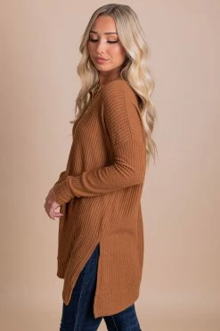 Zenana Life Goes On Long Sleeve Waffle Top -bella ella boutique shop brown side 9efe001d 564f 488a 871f 68c85d7b15f0 5000x