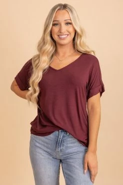 Zenana Wait For You V-Neck Top 47 Zenana Wait For You V-Neck Top -bella ella boutique shop dark burgundy front 5000x