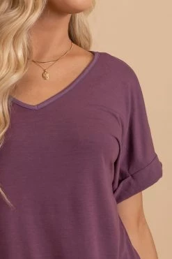 Zenana Wait For You V-Neck Top 54 Zenana Wait For You V-Neck Top -bella ella boutique shop eggplant top detail 5000x