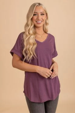 Zenana Wait For You V-Neck Top 53 Zenana Wait For You V-Neck Top -bella ella boutique shop eggplant top front 5000x