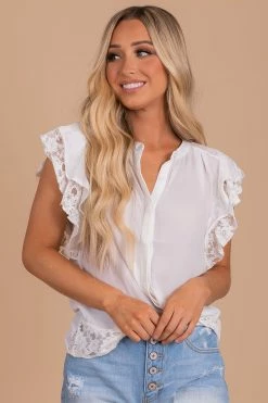Denim Fever We Belong Together Lace Sleeve Top - White