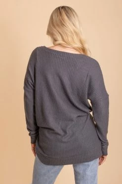Zenana Spiced Cider V-Neck Waffle Top 50 Zenana Spiced Cider V-Neck Waffle Top -bella ella boutique shop gray sweater back 5000x