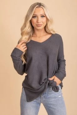 Zenana Spiced Cider V-Neck Waffle Top 48 Zenana Spiced Cider V-Neck Waffle Top -bella ella boutique shop gray sweater front 5000x