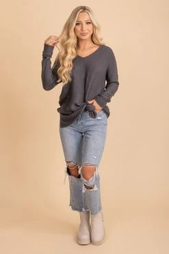 Zenana Spiced Cider V-Neck Waffle Top 51 Zenana Spiced Cider V-Neck Waffle Top -bella ella boutique shop gray sweater 5000x