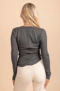 Zenana It's The Simple Things Waffle Knit Buttoned Top 29 Zenana It's The Simple Things Waffle Knit Buttoned Top -bella ella boutique shop gray top back 5000x