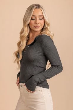 Zenana It's The Simple Things Waffle Knit Buttoned Top 30 Zenana It's The Simple Things Waffle Knit Buttoned Top -bella ella boutique shop gray top side 5000x