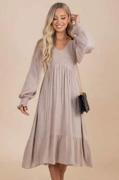 In Loom No Place Like You Smocked Long Sleeve Midi Dress