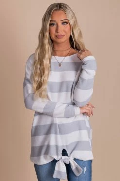 Bella Ella Boutique Oh So Sweet Light Gray Striped Top