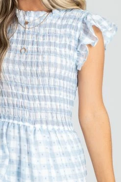 E&M/Mine Summer Picnic Gingham Mini Dress -bella ella boutique shop summer picnic blue detail 5000x