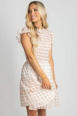 E&M/Mine Summer Picnic Gingham Mini Dress -bella ella boutique shop summer picnic pink front 5000x